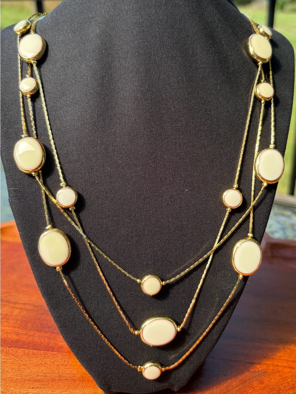 Vintage Avon Layered Gold Necklace Three Multi Strand Cream White Cabochon Boho